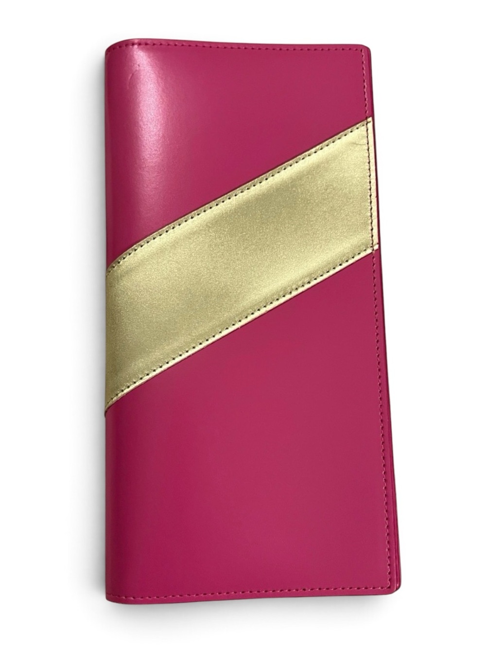 Neiman Marcus Fuchsia Pink Gold Diagonal Colorblock Smooth Leather Travel Wallet